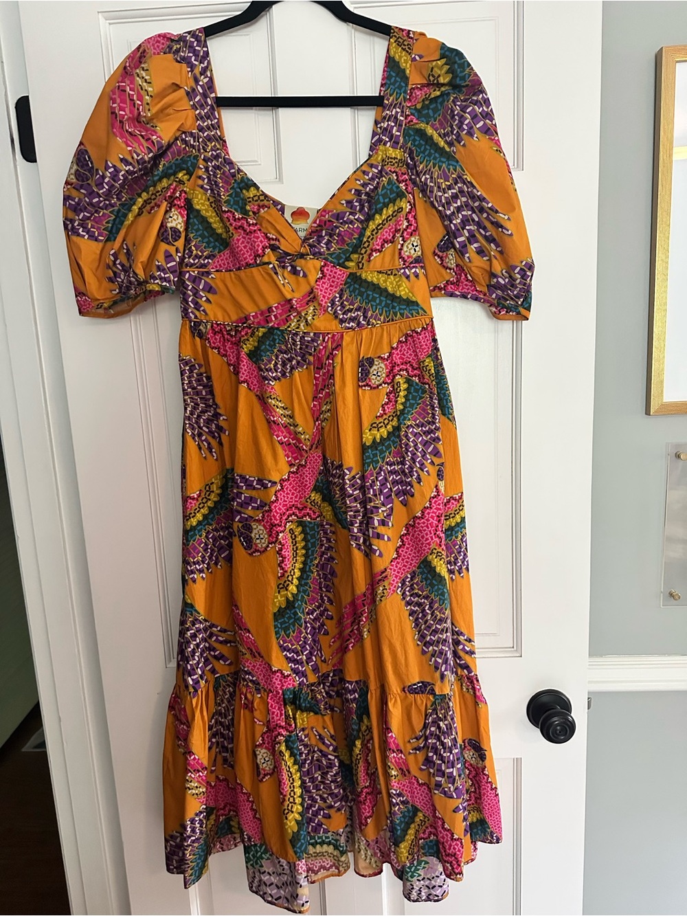 FARM Rio Mustard Midi Dress with Pink & Purple Print